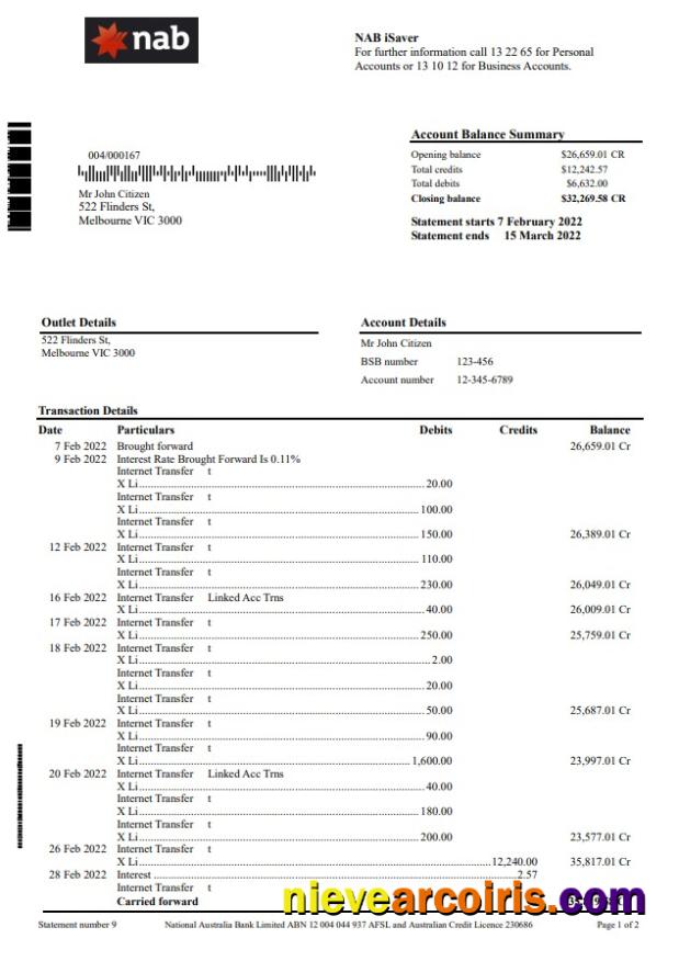 Australia NAB bank statement
